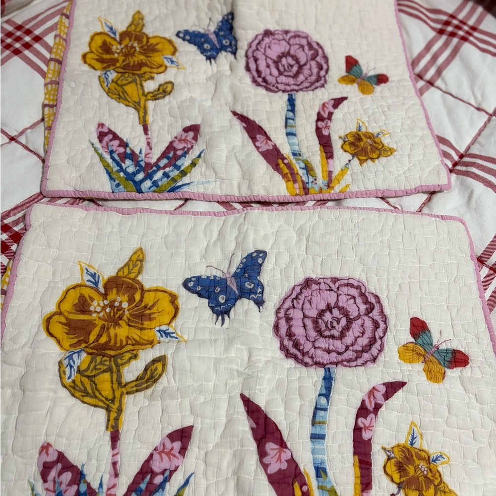 Anthropologie Floral Quilted Pillow Shams - Yellow and Pink